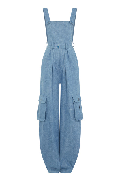 OVERSIZED HIGH WAISTED CARGO OVERALLS - DENIM