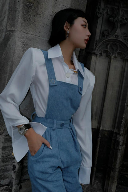 OVERSIZED HIGH WAISTED CARGO OVERALLS - DENIM