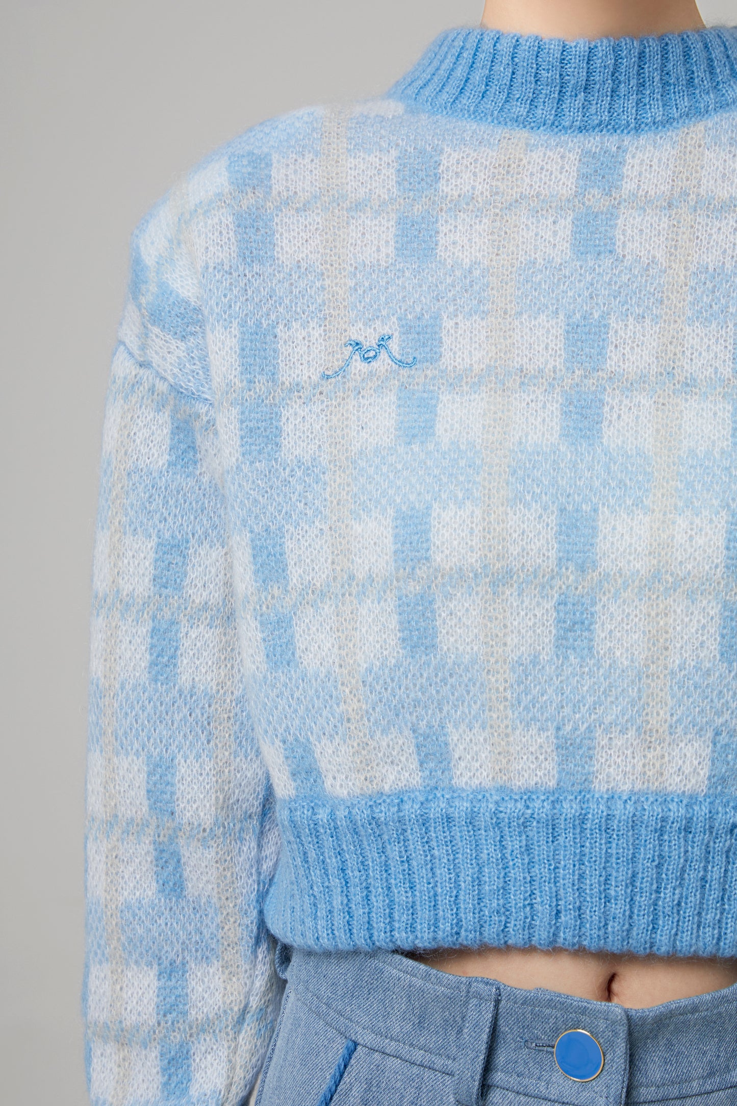 OVERSIZED MOHAIR CROPPED SWEATER WITH CHECKED PATTERN