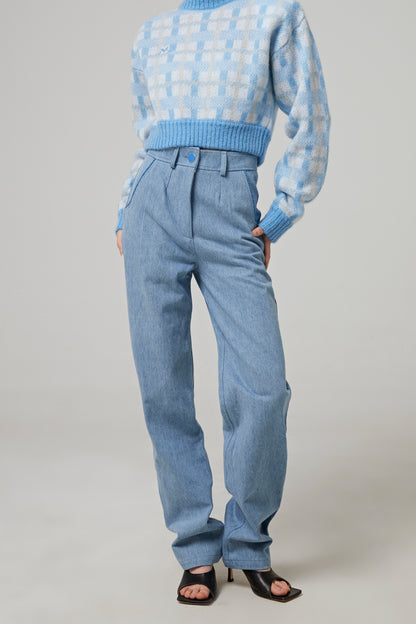 OVERSIZED MOHAIR CROPPED SWEATER WITH CHECKED PATTERN