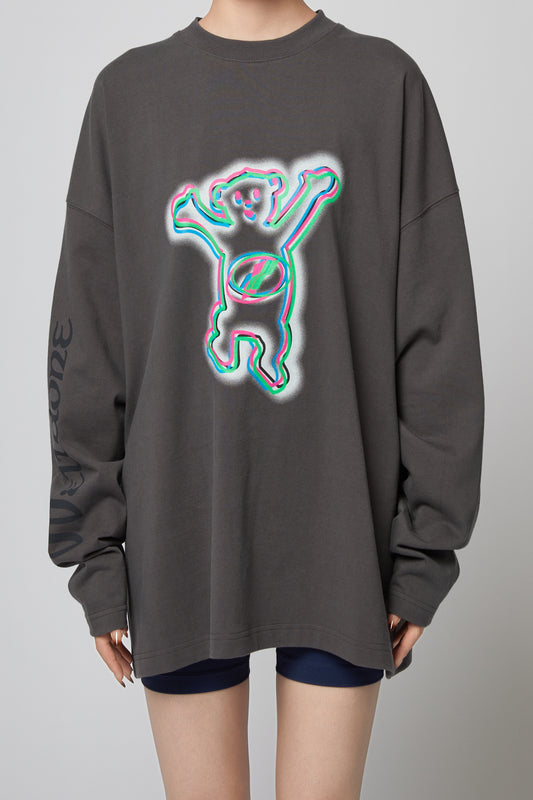 CHARCOAL COLORFUL TEDDY PRINT LONG-SLEEVED T-SHIRT