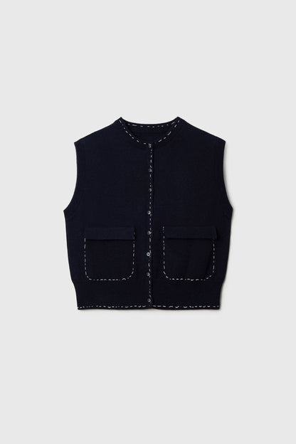 MERINO WOOL STITCHED WAISTCOAT NAVY