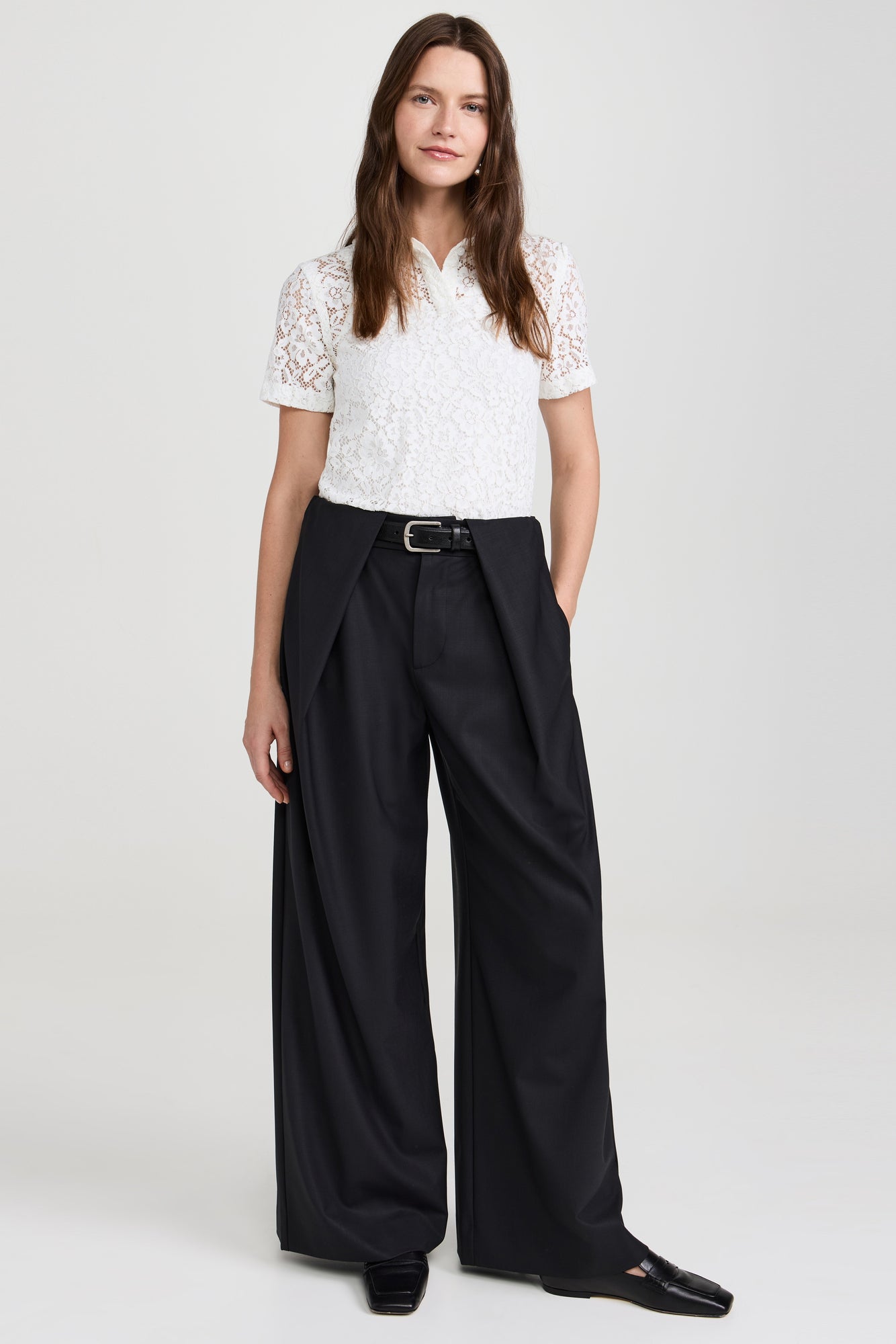 HALLIE WOOL SUITING BELTED WIDE LEG PANTS (D1)