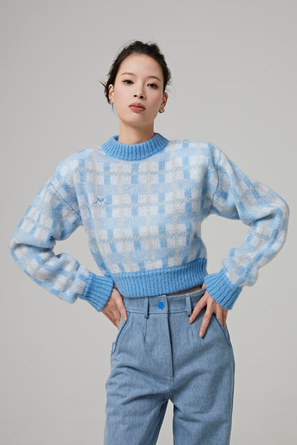 OVERSIZED MOHAIR CROPPED SWEATER WITH CHECKED PATTERN